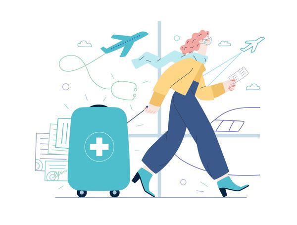 Person traveling aboard for medical treatment carrying a suit case.